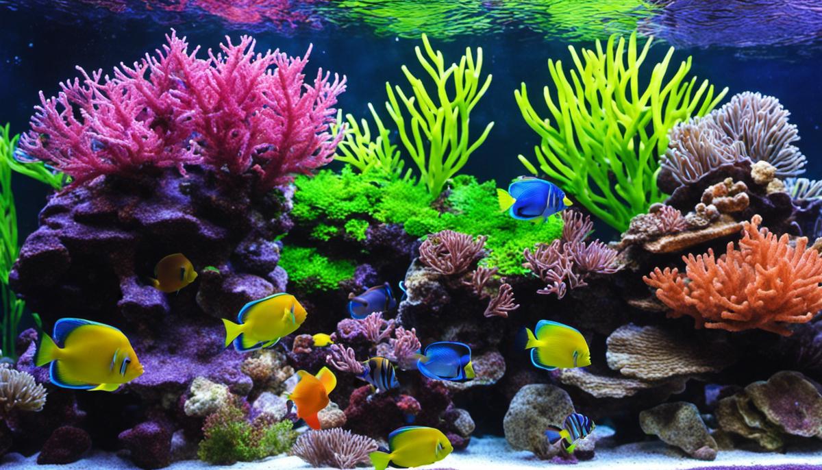A saltwater aquarium with colorful fish and vibrant corals.