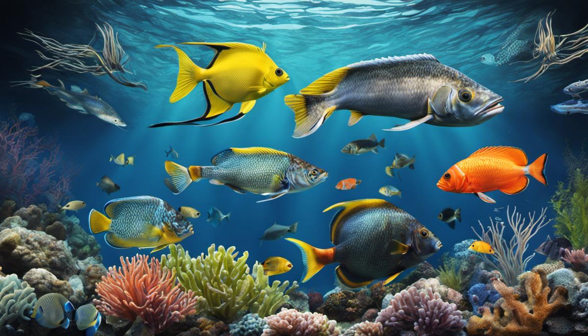 Illustration of different fish species in a saltwater aquarium.