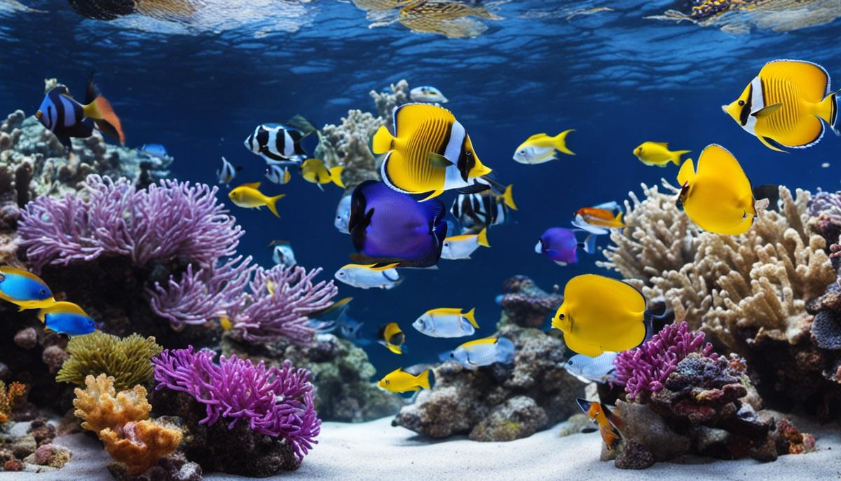 A saltwater aquarium with various colorful fish swimming in clear water.