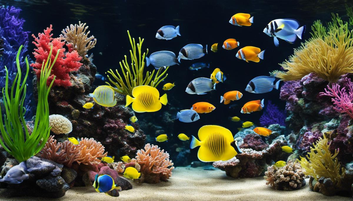 An image of a saltwater aquarium with various colorful fish swimming around.