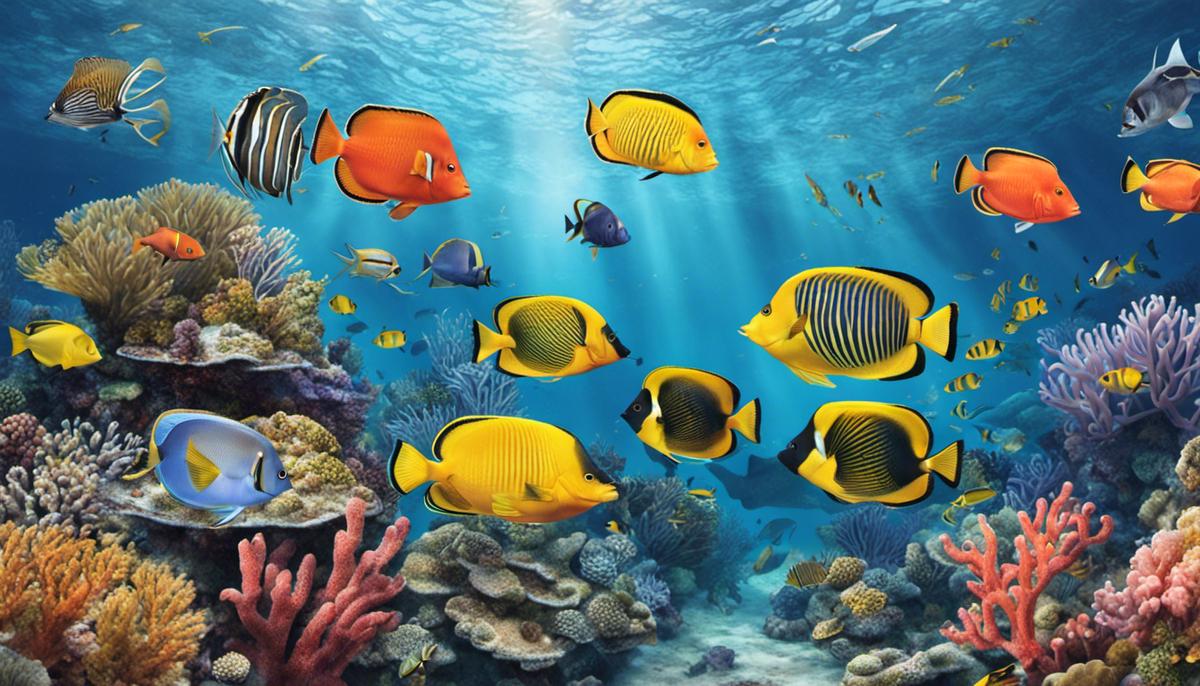 Illustration of various saltwater fish swimming around a coral reef.