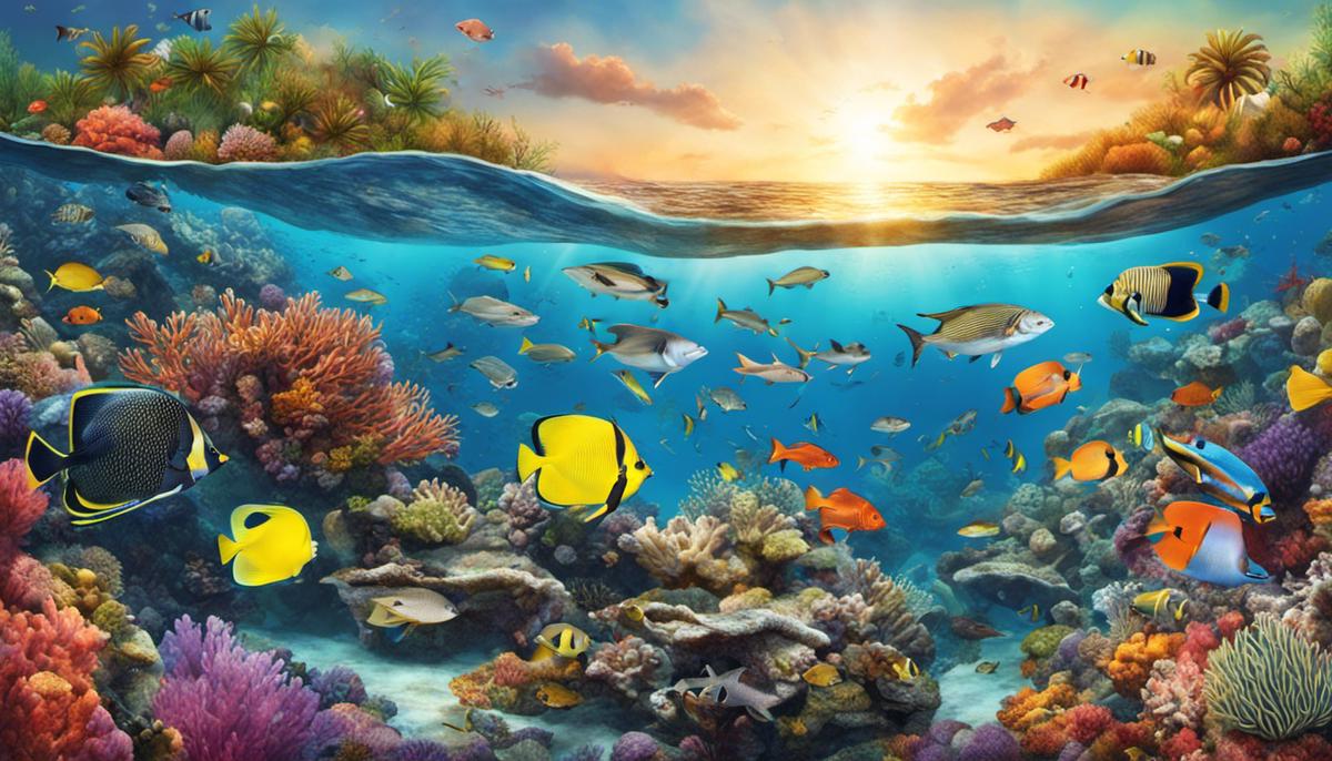 Illustration of different saltwater fish species swimming in a vibrant coral reef environment.