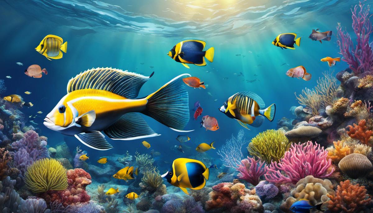 Illustration of different types of saltwater fish swimming in a colorful underwater environment