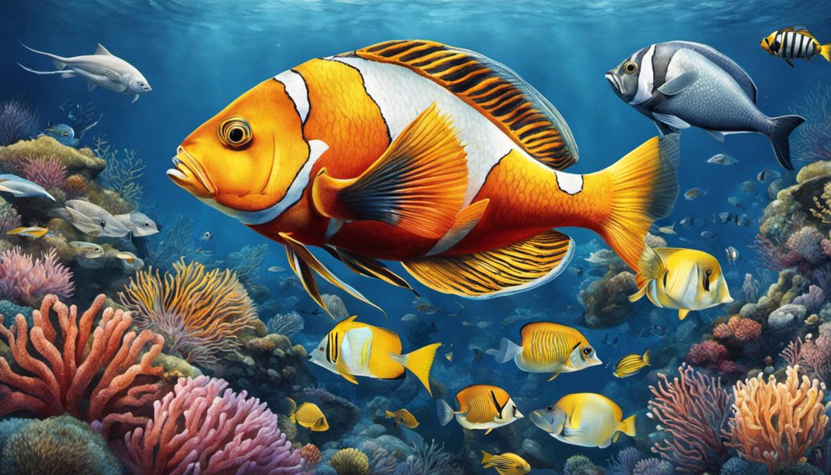 Illustration of different saltwater fish species swimming peacefully together.