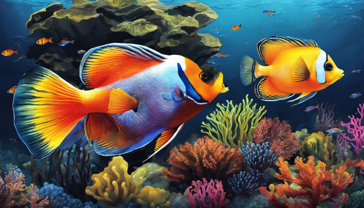 Illustration of various colorful saltwater fish swimming in a tank