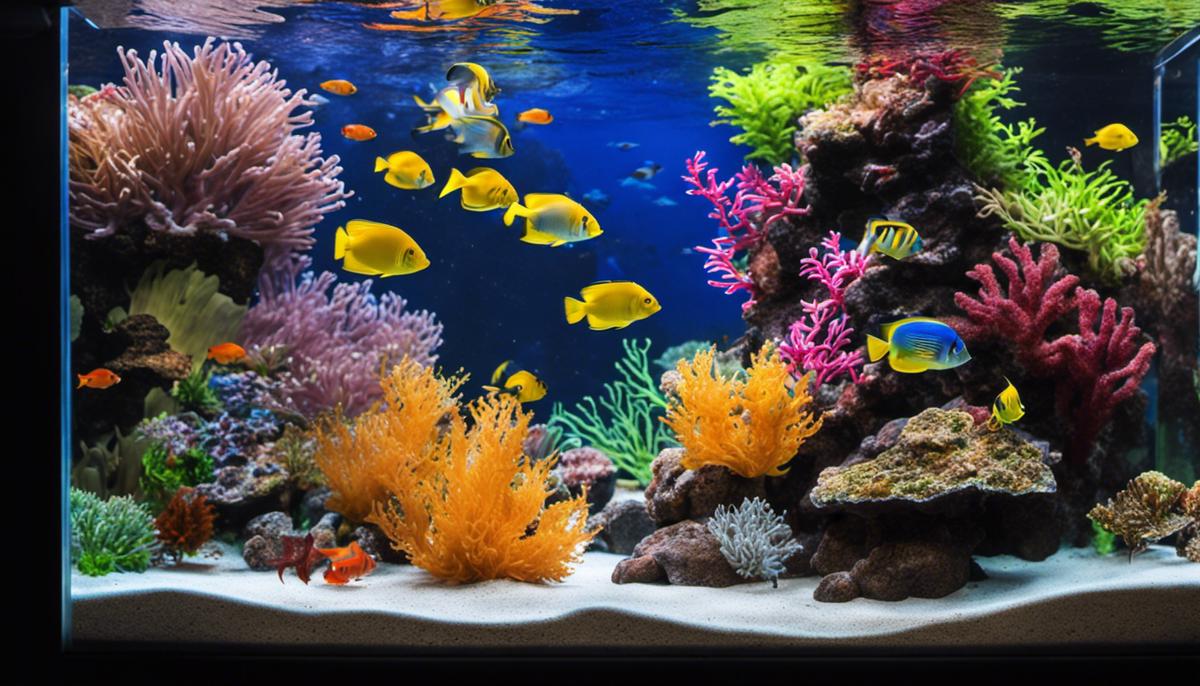 A vibrant saltwater fish tank with various colorful fish swimming in a well-maintained and healthy environment