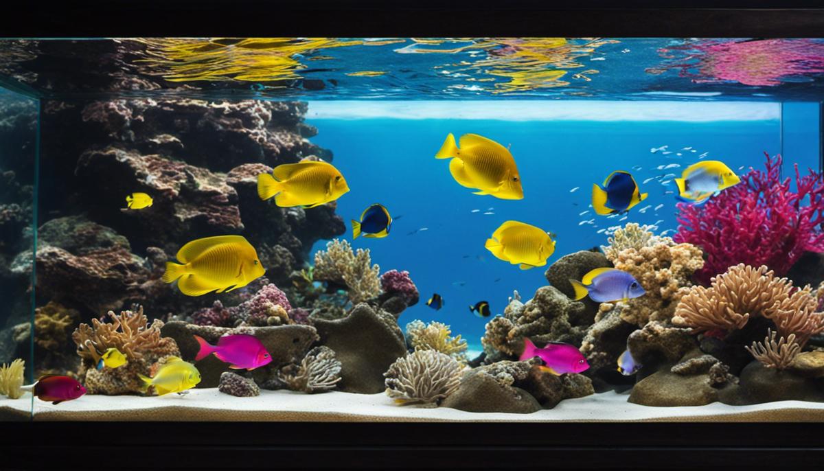 Image of a saltwater fish tank with colorful fish swimming inside