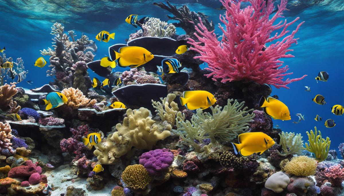 A vibrant and diverse saltwater fish tank filled with colorful fish, corals, and other marine organisms, creating a captivating underwater scene.