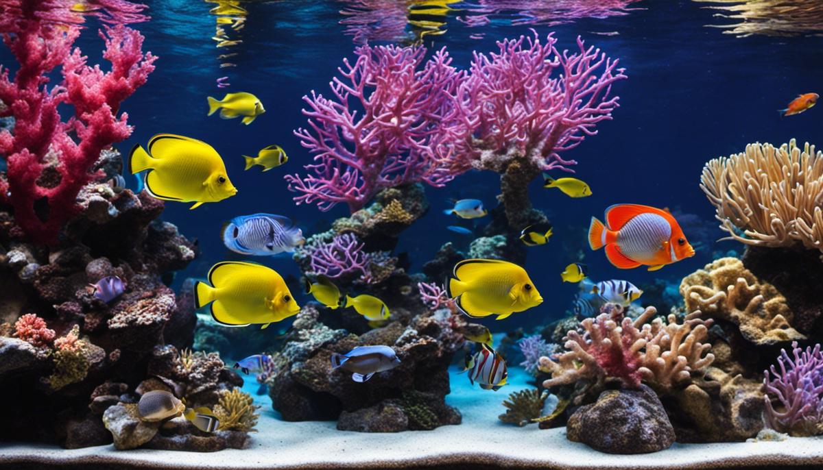 A vibrant saltwater fish tank with various species of fish swimming among live rocks and corals.
