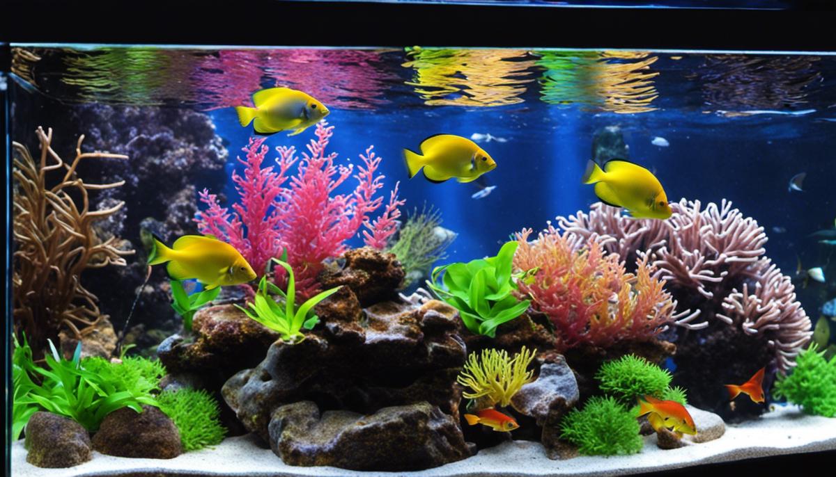 A beautiful saltwater fish tank with various colorful fish and live plants, creating a vibrant aquatic environment