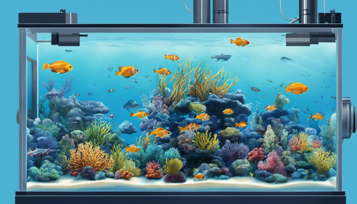 Illustration of saltwater fish tank filtration with various filters and equipment on a blue background