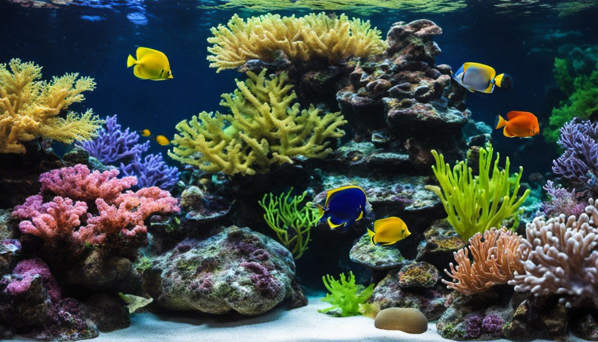 A saltwater fish tank with colorful corals and various fish species swimming amidst rocks and plants