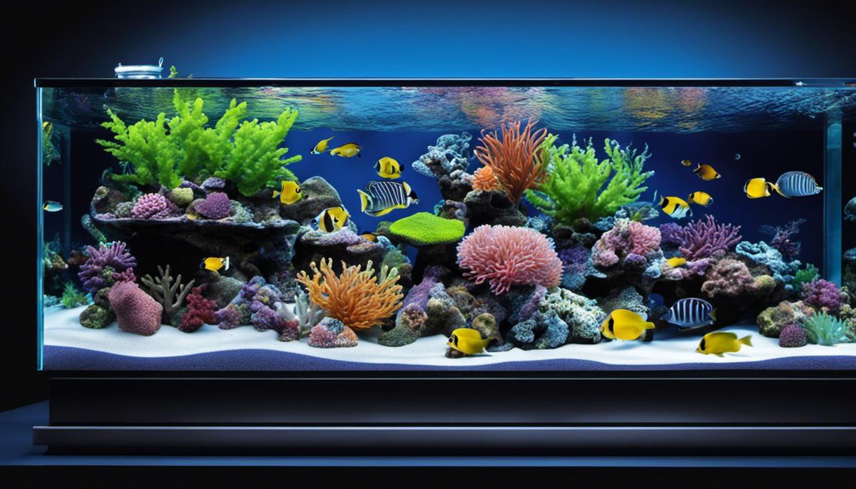 Illustration of a saltwater fish tank with various marine life and water chemistry components.