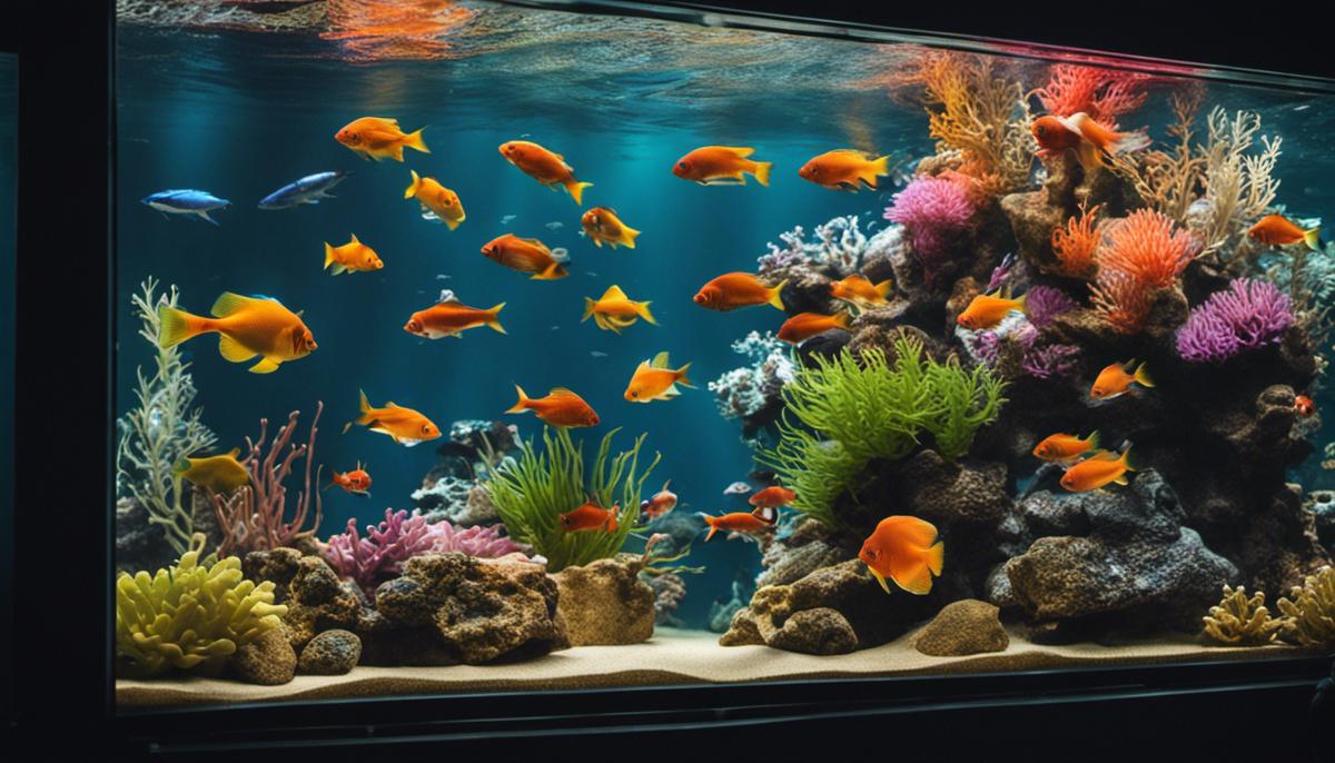 Image of a person looking at a fish tank with different types of saltwater fish swimming around.