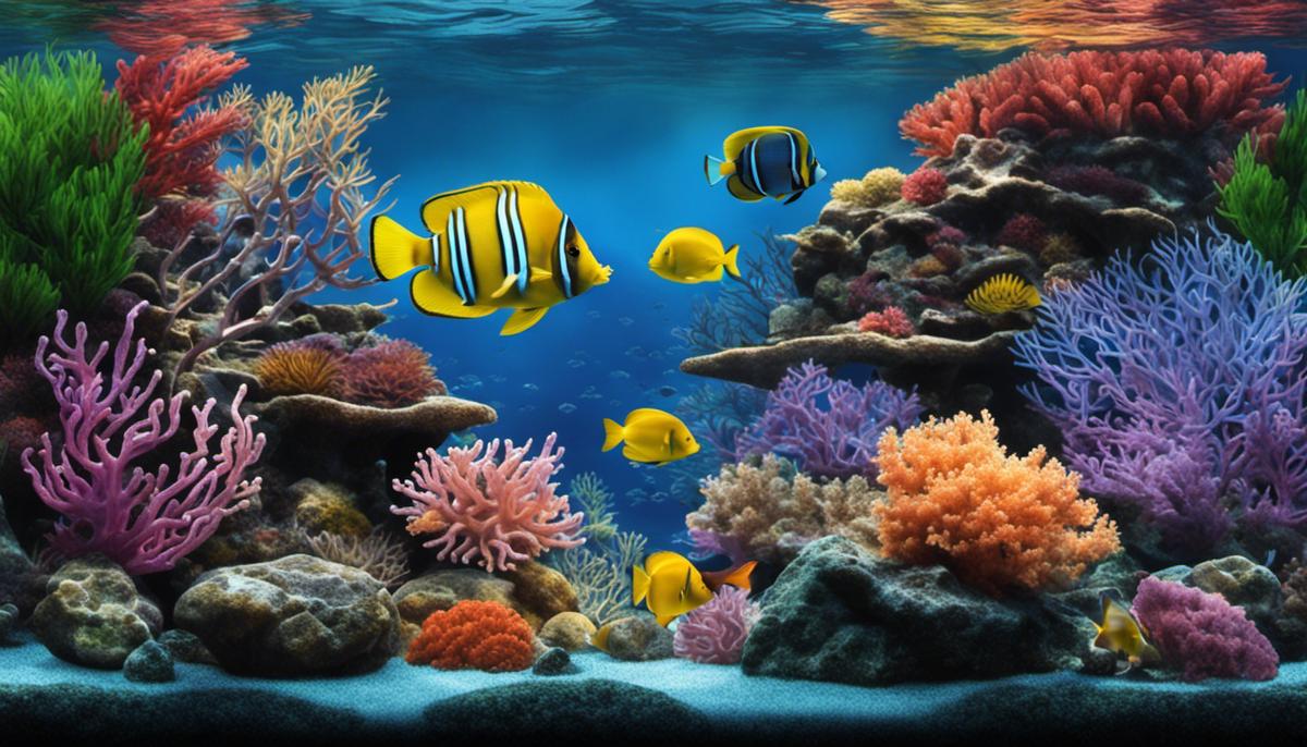 Illustration of a saltwater fish tank with various types of fish swimming amidst synthetic corals and rocks.