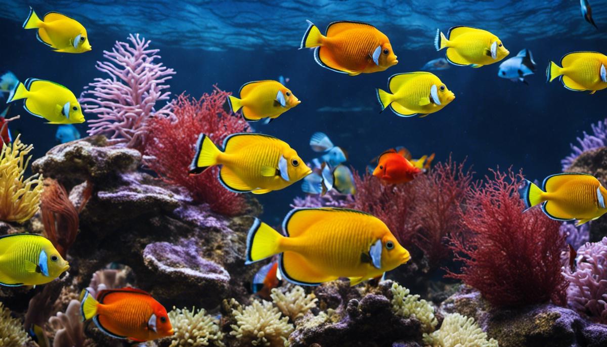 Image of various colorful tropical fish swimming in a tank