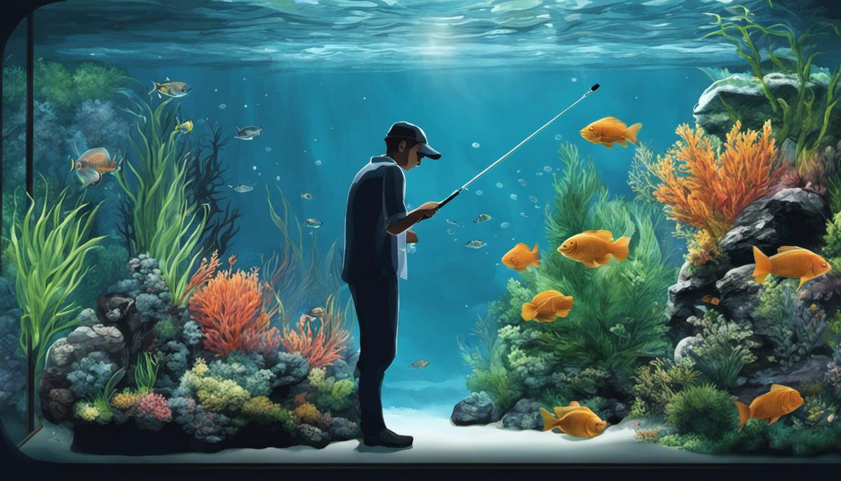 Illustration of a person using a hydrometer to measure the salinity levels in an aquarium.